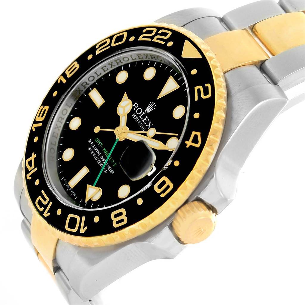 This image shows the side view of a Rolex GMT-Master 116713 Men's Stainless Steel Black Dial 116713 Men's Stainless Steel Black Dial, highlighting the bezel, crown, and part of the bracelet.