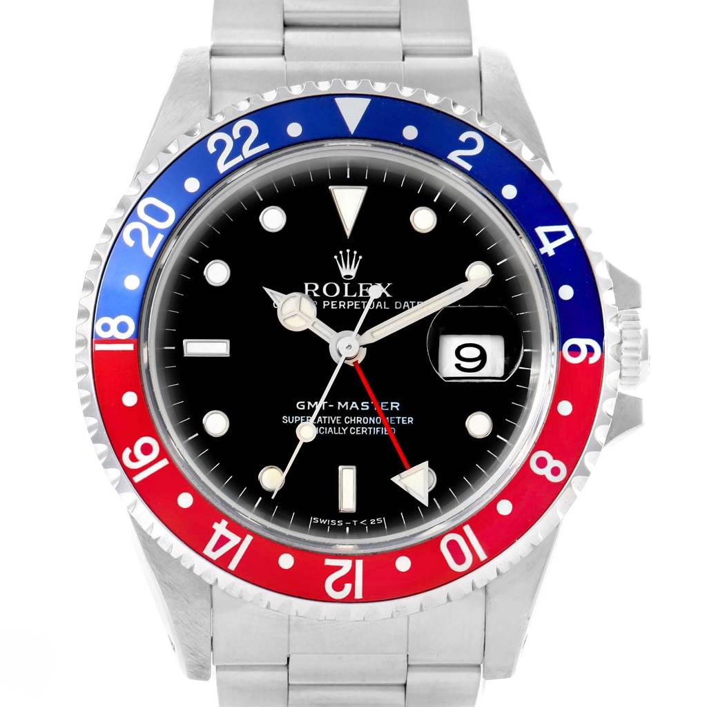 This image shows a front view of a Rolex GMT-Master 16700 Men's Stainless Steel Black Dial 16700 Men's Stainless Steel Black Dial watch, highlighting its face, bezel, and part of the bracelet.