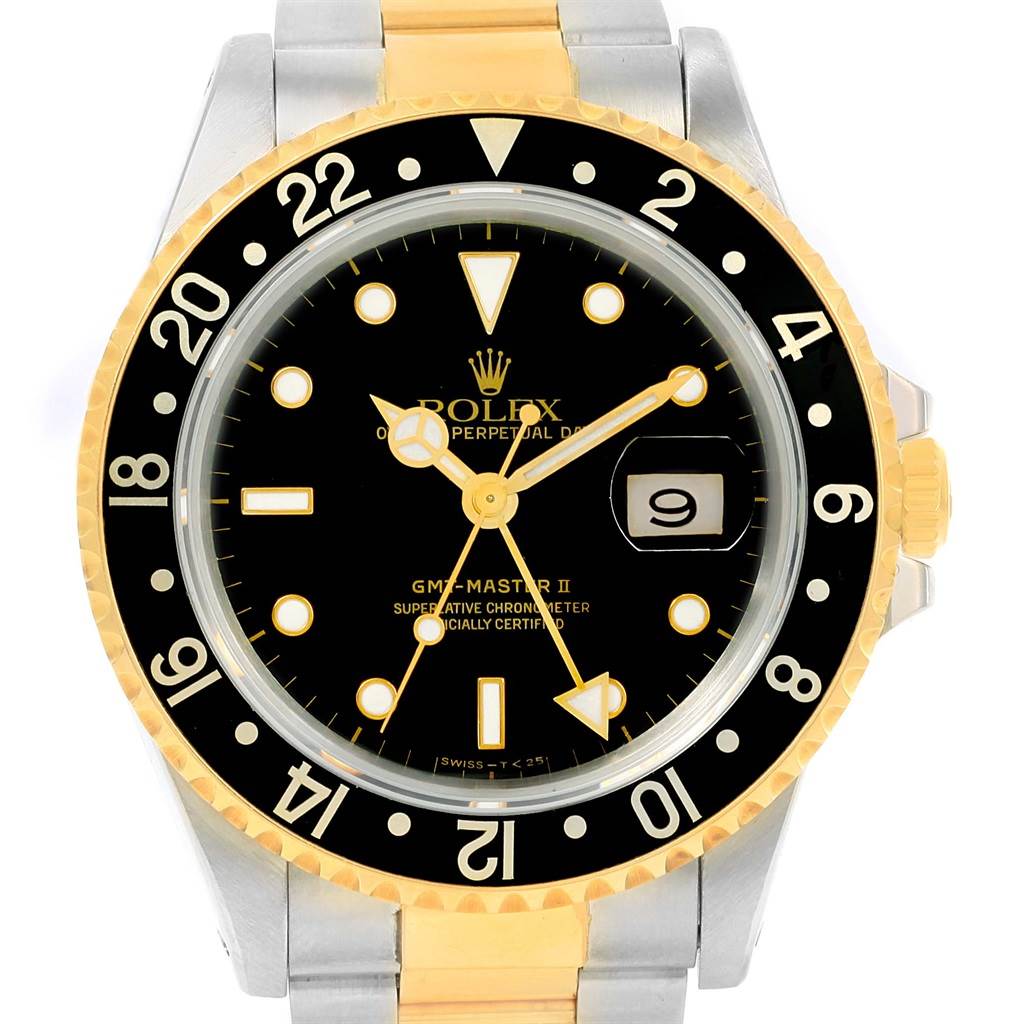 The image shows a front view of a Rolex GMT-Master 16713 Men's Stainless Steel Black Dial 16713 Men's Stainless Steel Black Dial II watch, highlighting the face, bezel, and part of the bracelet.