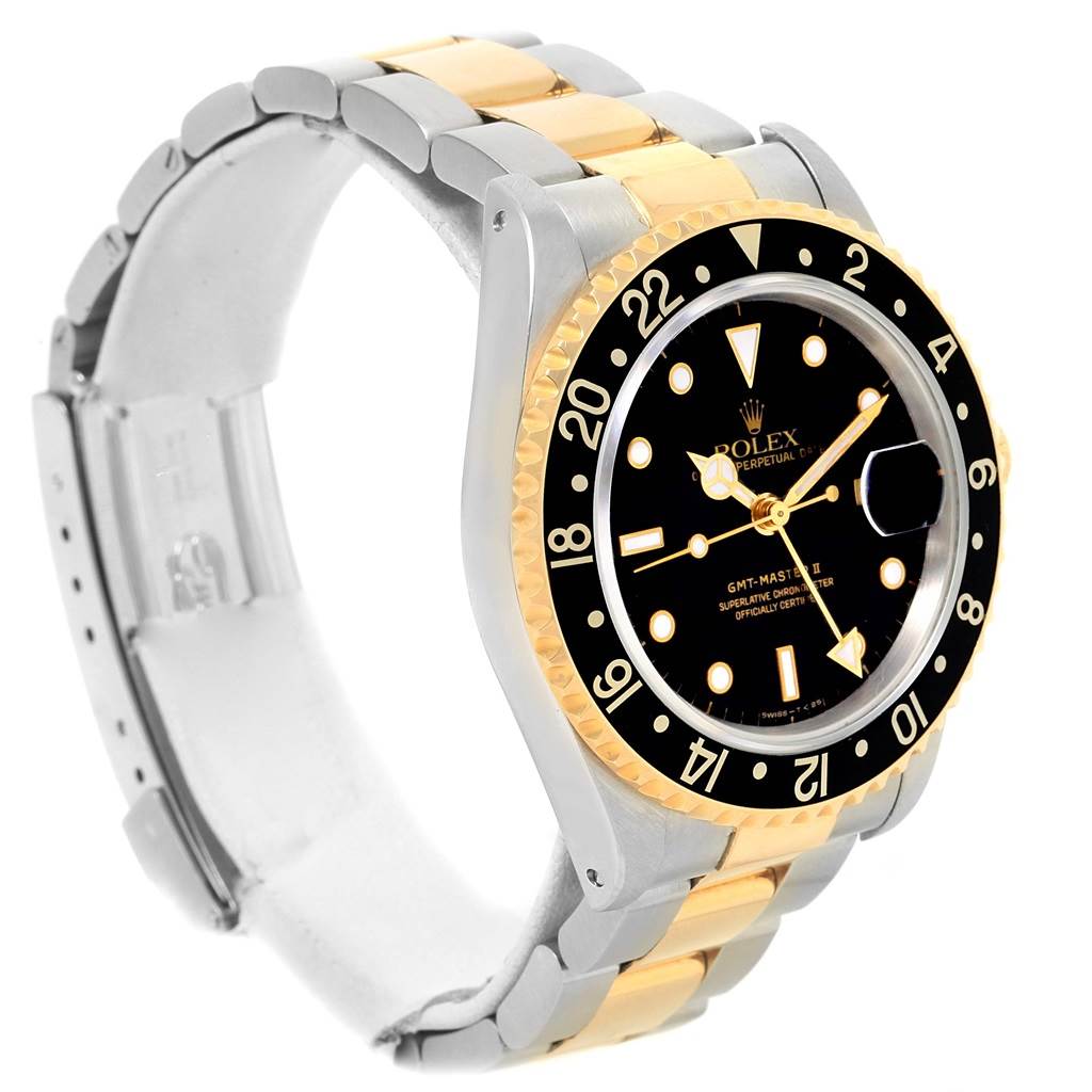 This Rolex GMT-Master 16713 Men's Stainless Steel Black Dial 16713 Men's Stainless Steel Black Dial watch is shown from a three-quarter angle, displaying the face, bezel, and part of the bracelet.
