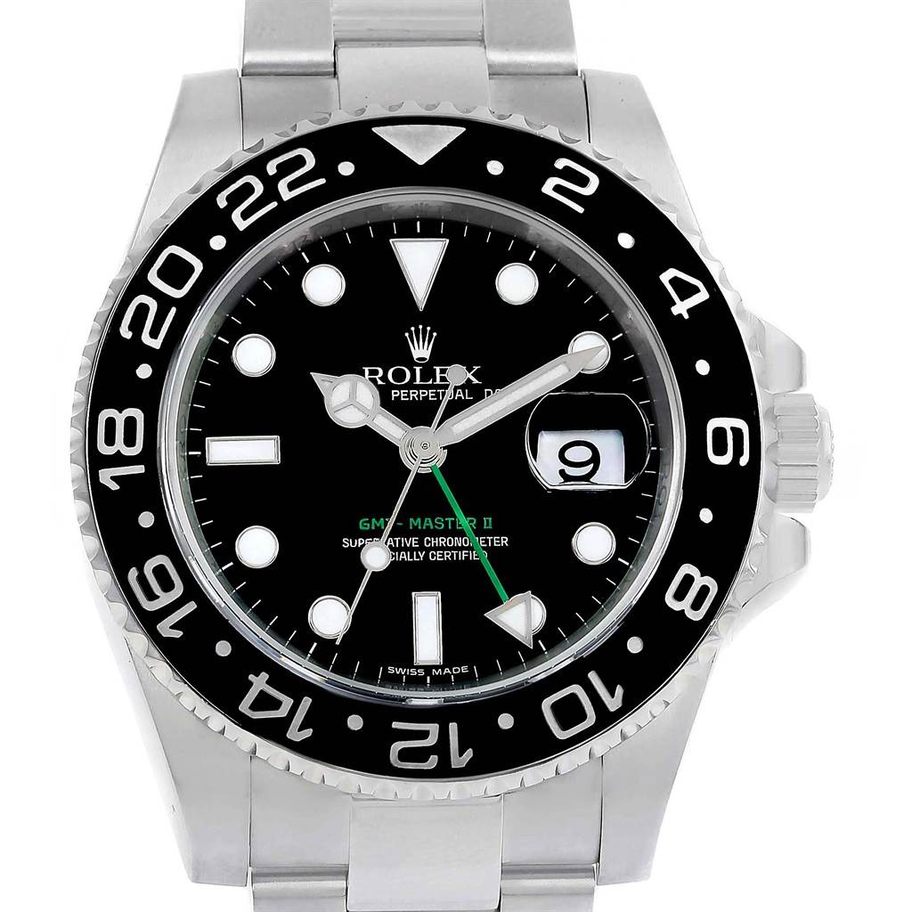The image shows a front view of a Rolex GMT-Master 116710 Men's Stainless Steel Black Dial 116710 Men's Stainless Steel Black Dial II watch, featuring a black dial and a stainless steel bracelet.