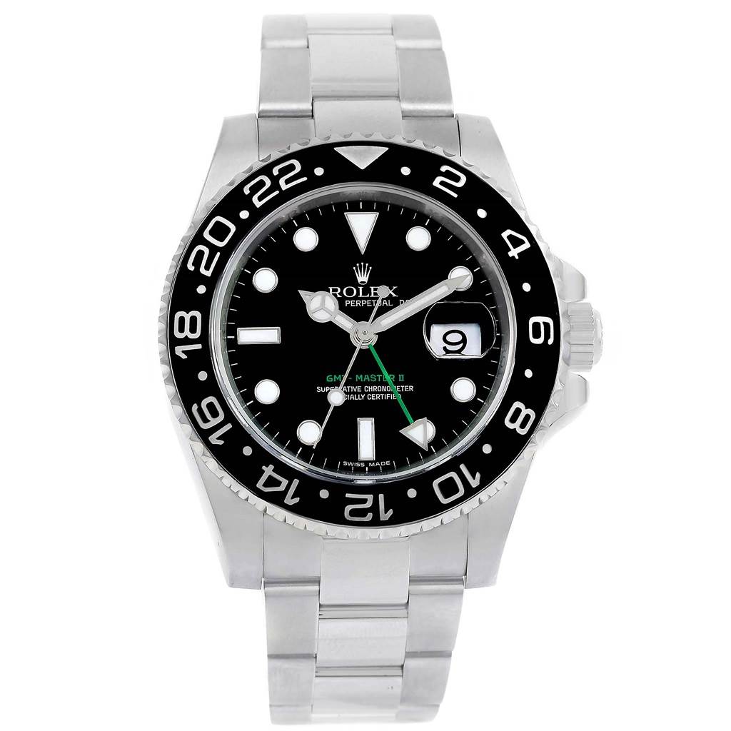 The image shows a front angle of a Rolex GMT-Master 116710 Men's Stainless Steel Black Dial 116710 Men's Stainless Steel Black Dial watch, highlighting the dial, bezel, hands, date window, and bracelet.
