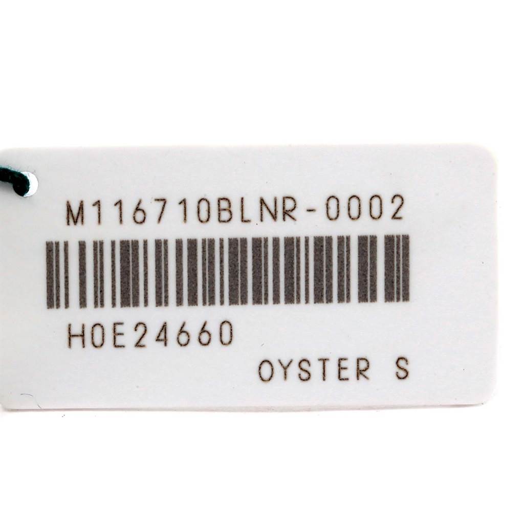 The image shows a tag for the Rolex GMT-Master 116710 Men's Stainless Steel Black Dial 116710 Men's Stainless Steel Black Dial model M116710BLNR-0002 with a barcode and the word "OYSTER S".