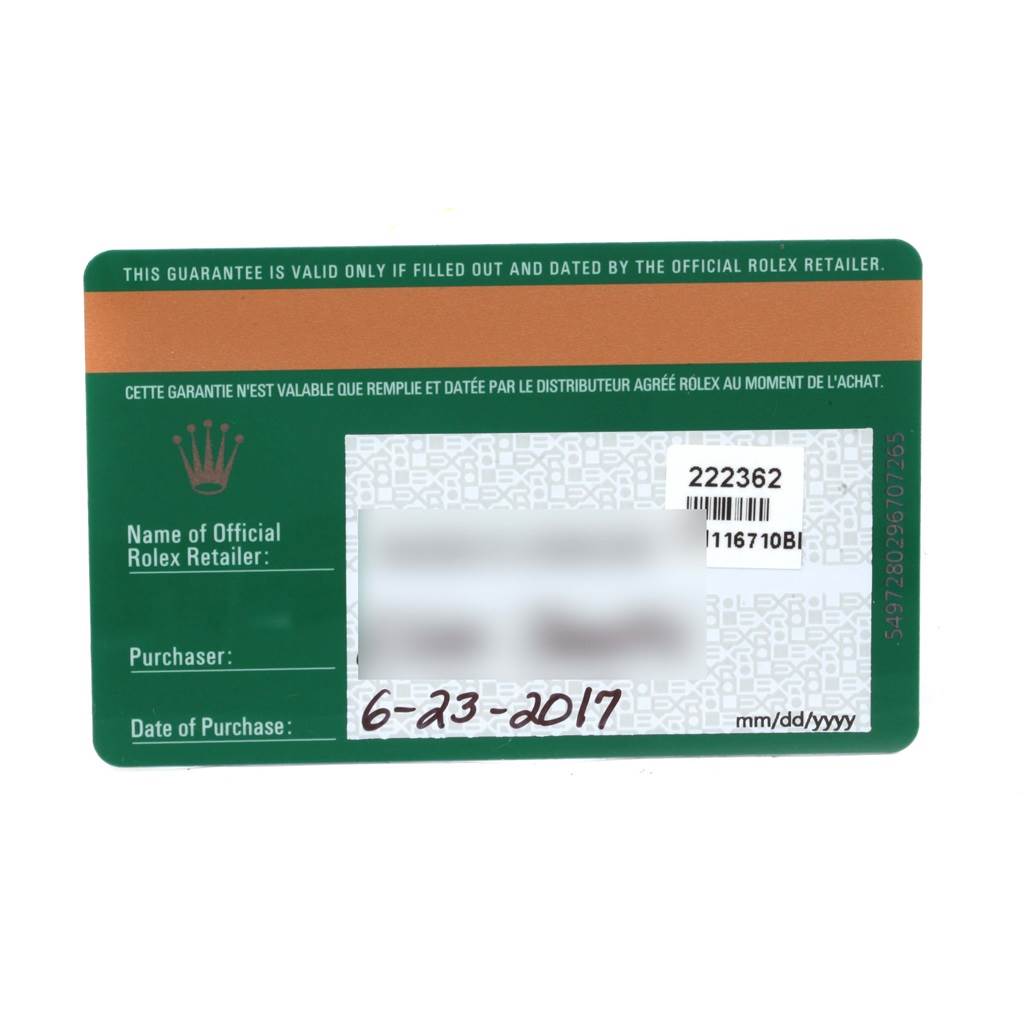 This image shows the guarantee card for a Rolex GMT-Master 116710 Men's Stainless Steel Black Dial 116710 Men's Stainless Steel Black Dial watch, displaying purchase details and warranty information.