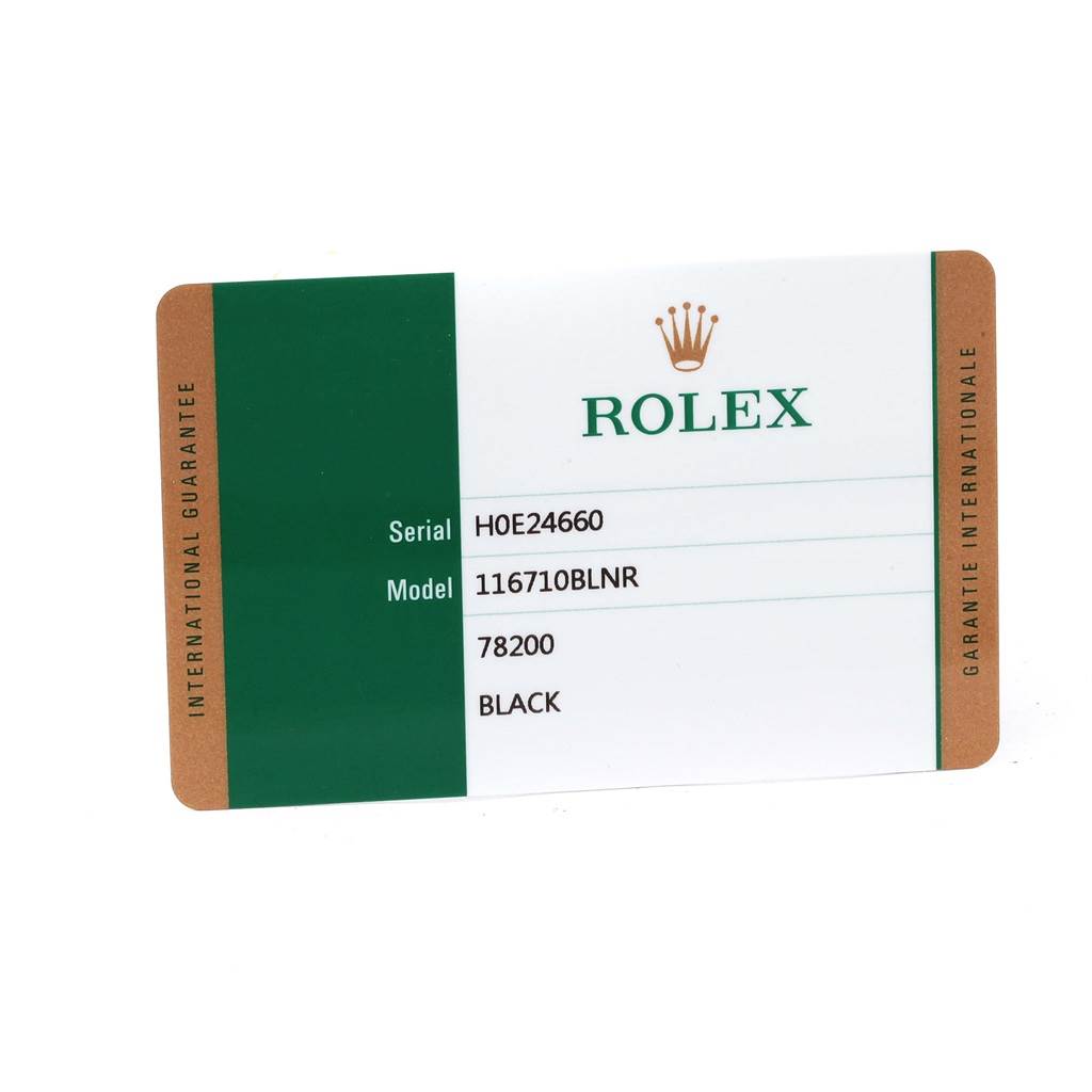 The image shows the guarantee card for a Rolex GMT-Master 116710 Men's Stainless Steel Black Dial 116710 Men's Stainless Steel Black Dial model 116710BLNR with serial number H0E24660.