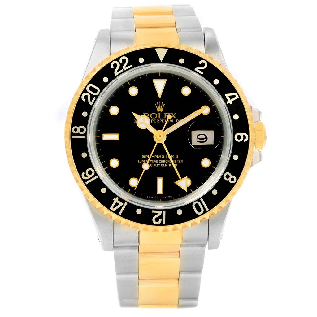The image shows a Rolex GMT-Master 16713 Men's Stainless Steel Black Dial 16713 Men's Stainless Steel Black Dial II watch from a front angle, highlighting the dial, bezel, and part of the bracelet.