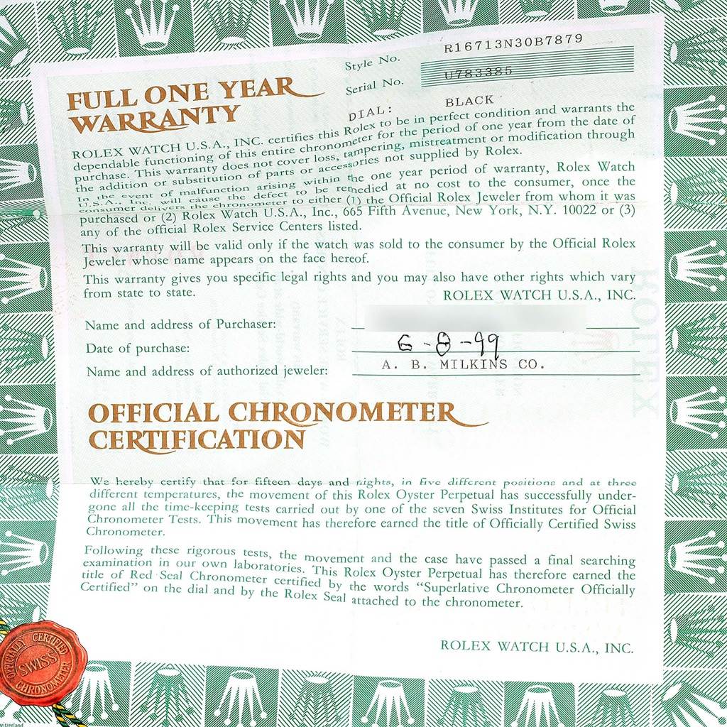 This image shows the warranty and certification documents for a Rolex GMT-Master 16713 Men's Stainless Steel Black Dial 16713 Men's Stainless Steel Black Dial watch.