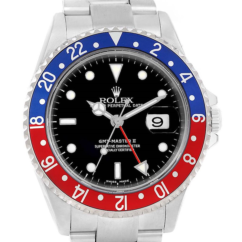 Rolex GMT Master II Pepsi Bezel Stainless Steel Mens Watch 16710 SwissWatchExpo