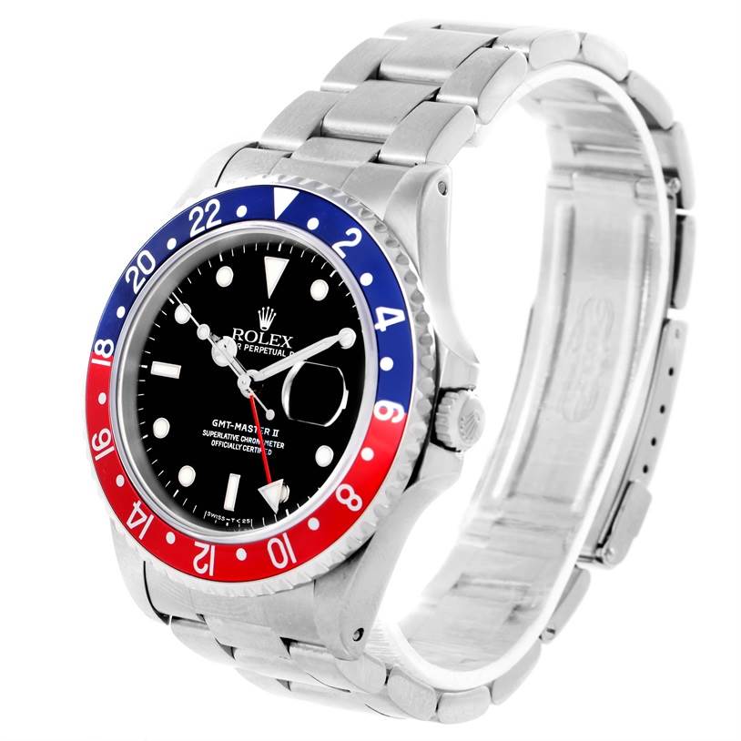 The image shows a Rolex GMT-Master 16710 Men's Stainless Steel Black Dial 16710 Men's Stainless Steel Black Dial watch at a slight angle highlighting the face, bezel, and part of the bracelet.