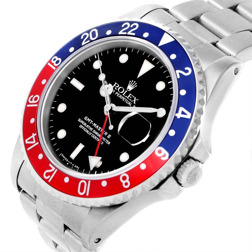 The Rolex GMT-Master 16710 Men's Stainless Steel Black Dial 16710 Men's Stainless Steel Black Dial watch is shown at an angled view, highlighting its bezel, dial, bracelet, and crown.