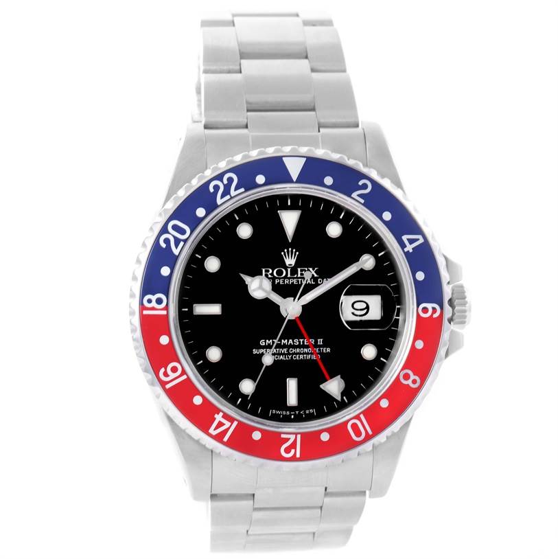 This image shows a frontal view of the Rolex GMT-Master 16710 Men's Stainless Steel Black Dial 16710 Men's Stainless Steel Black Dial II watch, highlighting its bezel, dial, case, and part of the bracelet.
