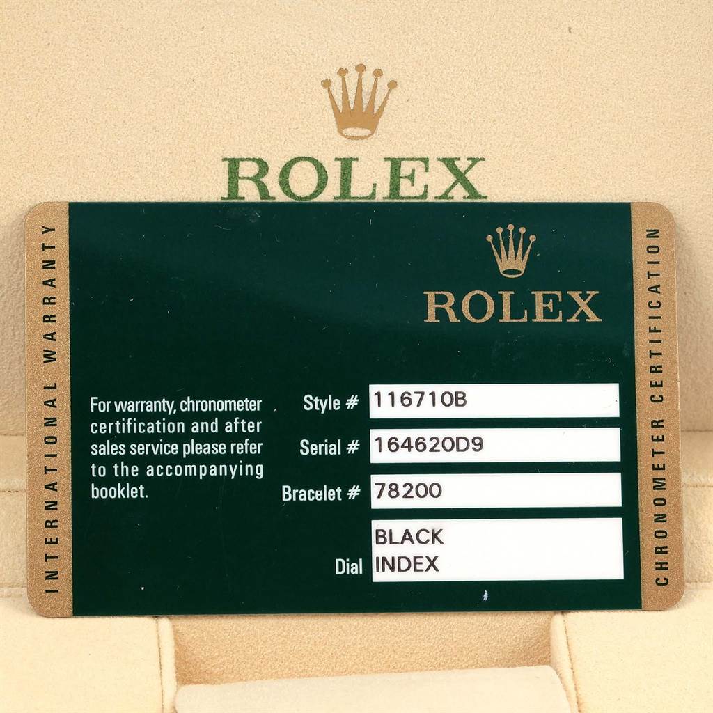 The image displays a warranty card for a Rolex GMT-Master 116710 Men's Stainless Steel Black Dial 116710 Men's Stainless Steel Black Dial, detailing the style, serial, bracelet number, and dial type.