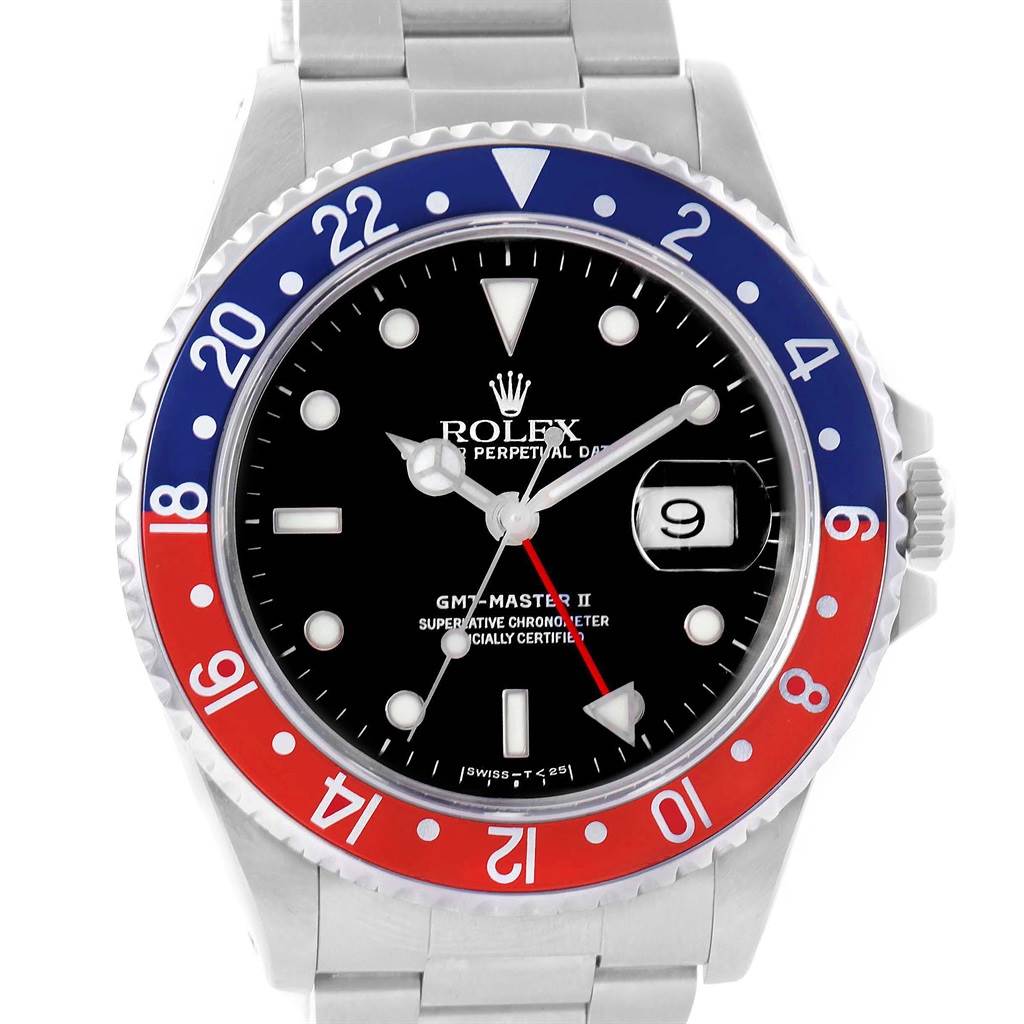 The image shows a frontal view of a Rolex GMT-Master 16710 Men's Stainless Steel Black Dial 16710 Men's Stainless Steel Black Dial II watch with a blue and red bezel, black dial, and stainless steel bracelet.
