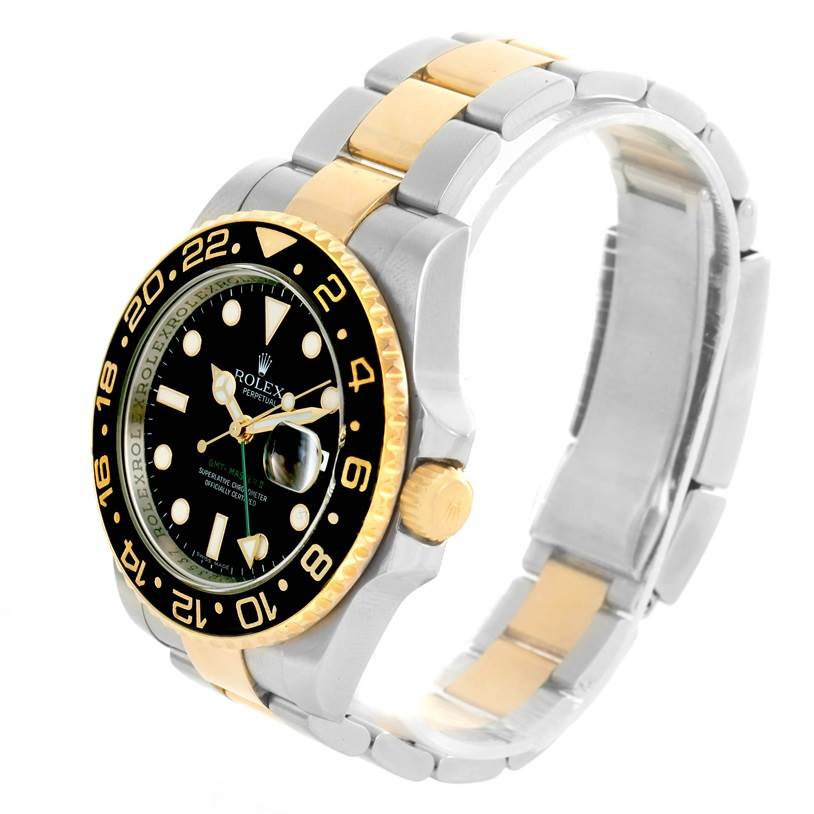 The Rolex GMT-Master 116713 Men's Stainless Steel Black Dial 116713 Men's Stainless Steel Black Dial watch is shown at a three-quarter angle, highlighting the bezel, dial, crown, and bracelet.