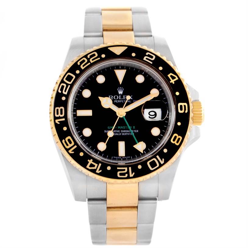 The Rolex GMT-Master 116713 Men's Stainless Steel Black Dial 116713 Men's Stainless Steel Black Dial watch is shown from a front angle, displaying its dial, bezel, crown, and two-tone bracelet.