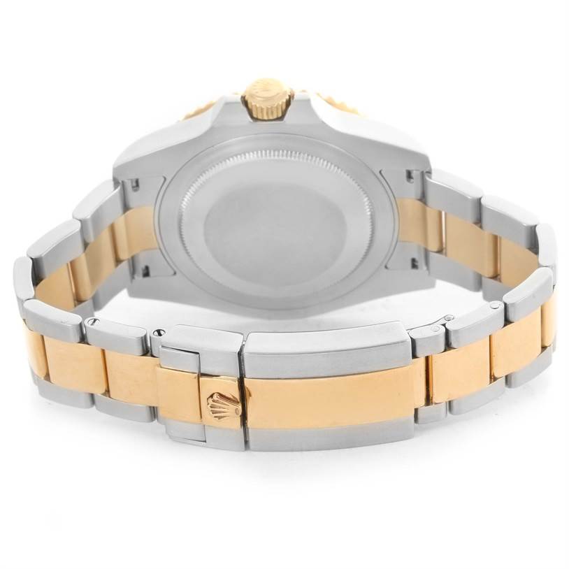 The image shows the back of a Rolex GMT-Master 116713 Men's Stainless Steel Black Dial 116713 Men's Stainless Steel Black Dial watch, highlighting the case back, crown, and two-tone bracelet.