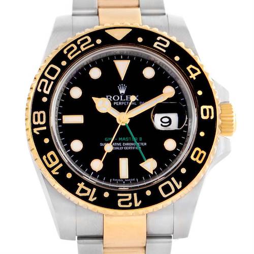 Photo of Rolex GMT Master II 18k Gold Steel Black Dial Mens Watch 116713