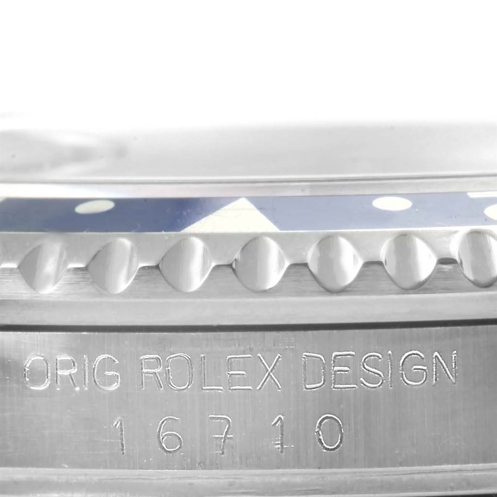 The image shows a close-up view of the bezel and case side of the Rolex GMT-Master 16710 Men's Stainless Steel Black Dial 16710 Men's Stainless Steel Black Dial, displaying the model number 16710.