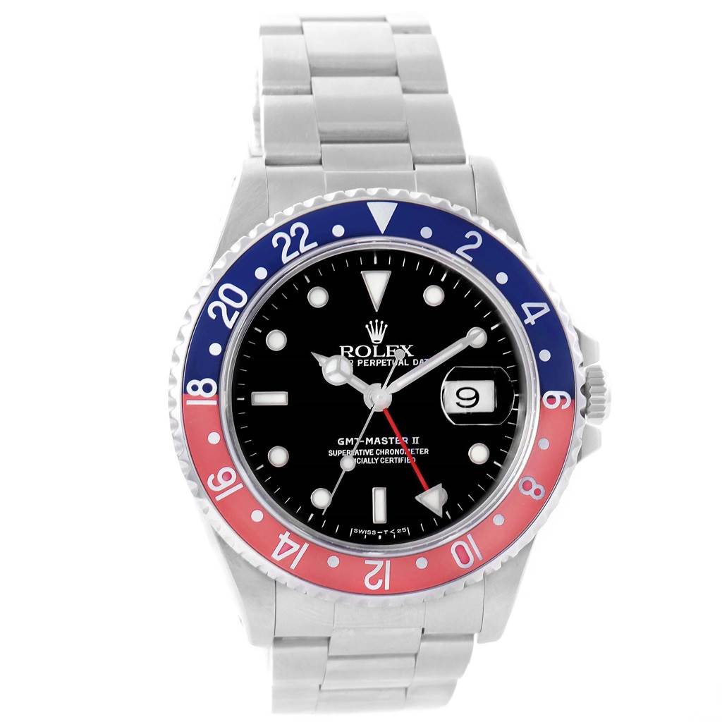 The image shows a front view of a Rolex GMT-Master 16710 Men's Stainless Steel Black Dial 16710 Men's Stainless Steel Black Dial II watch, displaying its dial, bezel, and part of the bracelet.