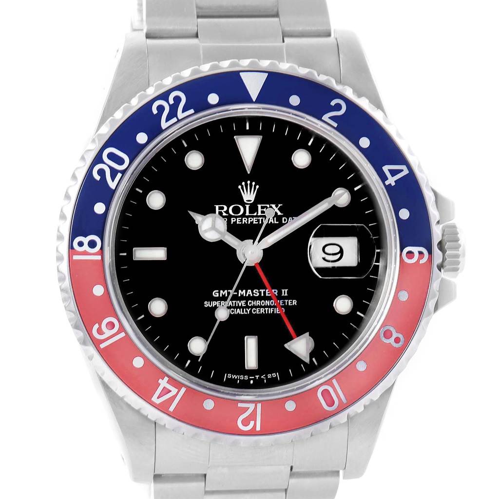 This image shows a frontal view of a Rolex GMT-Master 16710 Men's Stainless Steel Black Dial 16710 Men's Stainless Steel Black Dial II watch, highlighting the bezel, dial, and bracelet.