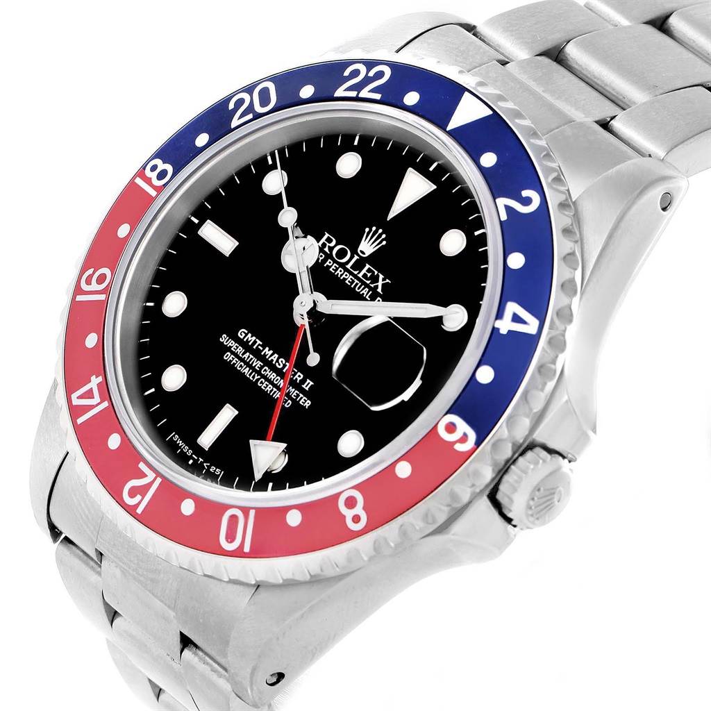 The Rolex GMT-Master 16710 Men's Stainless Steel Black Dial 16710 Men's Stainless Steel Black Dial watch is shown from a slight angle, highlighting the bezel, crown, dial, and part of the bracelet.