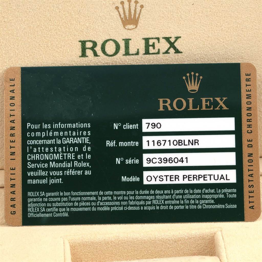 This image shows the guarantee card for a Rolex GMT-Master 116710 Men's Stainless Steel Black Dial 116710 Men's Stainless Steel Black Dial model watch, with details including the reference number and serial number.