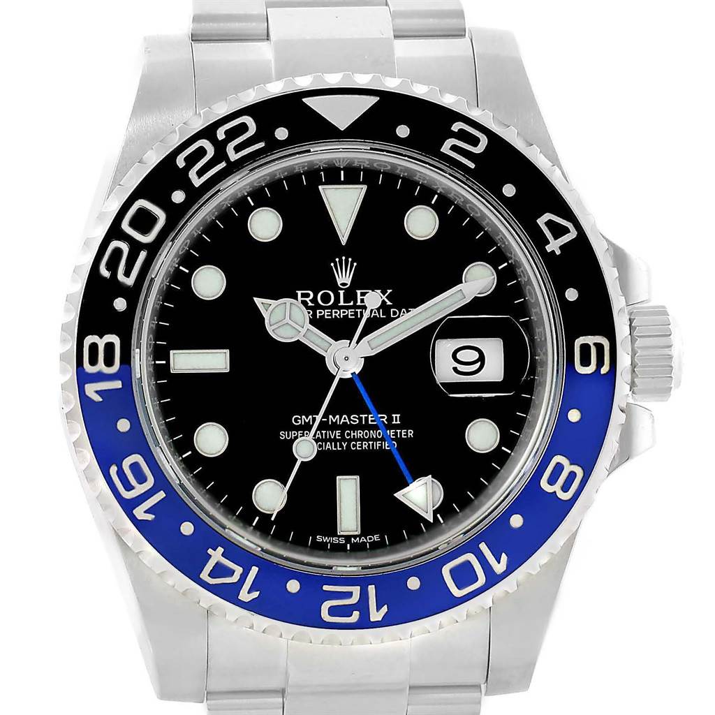 The image shows a front view of the Rolex GMT-Master 116710 Men's Stainless Steel Black Dial 116710 Men's Stainless Steel Black Dial II watch, highlighting the dial, bezel, and part of the bracelet.