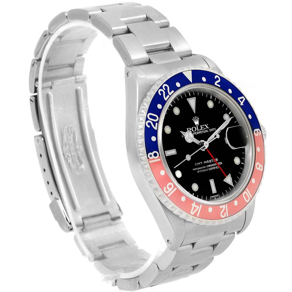 This image shows a Rolex GMT-Master 16700 Men's Stainless Steel Black Dial 16700 Men's Stainless Steel Black Dial watch from a slight side angle, highlighting its bezel, dial, and stainless steel bracelet.