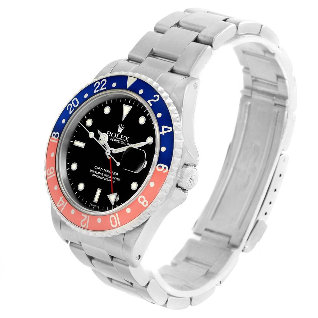 The Rolex GMT-Master 16700 Men's Stainless Steel Black Dial 16700 Men's Stainless Steel Black Dial watch is shown at a slight angle displaying the face, bezel, and metal bracelet.