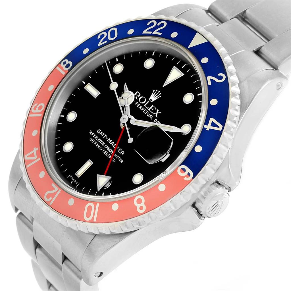 The image shows a top-left angled view of a Rolex GMT-Master 16700 Men's Stainless Steel Black Dial 16700 Men's Stainless Steel Black Dial watch, highlighting its dial, bezel, crown, and bracelet.