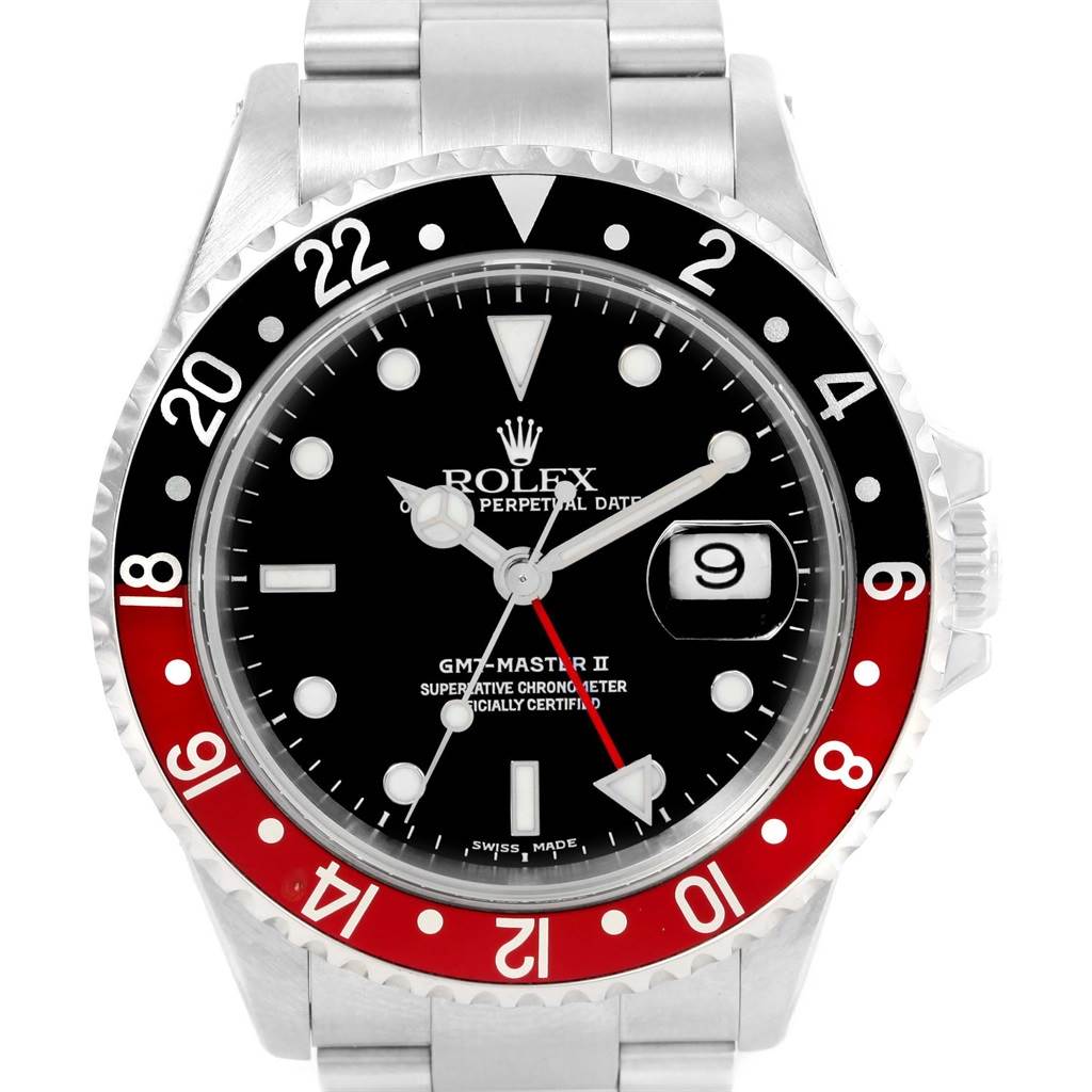 The Rolex GMT-Master 16710 Men's Stainless Steel Black Dial 16710 Men's Stainless Steel Black Dial II watch is shown from a front angle, highlighting the black dial, red and black bezel, hands, markers, and crown.