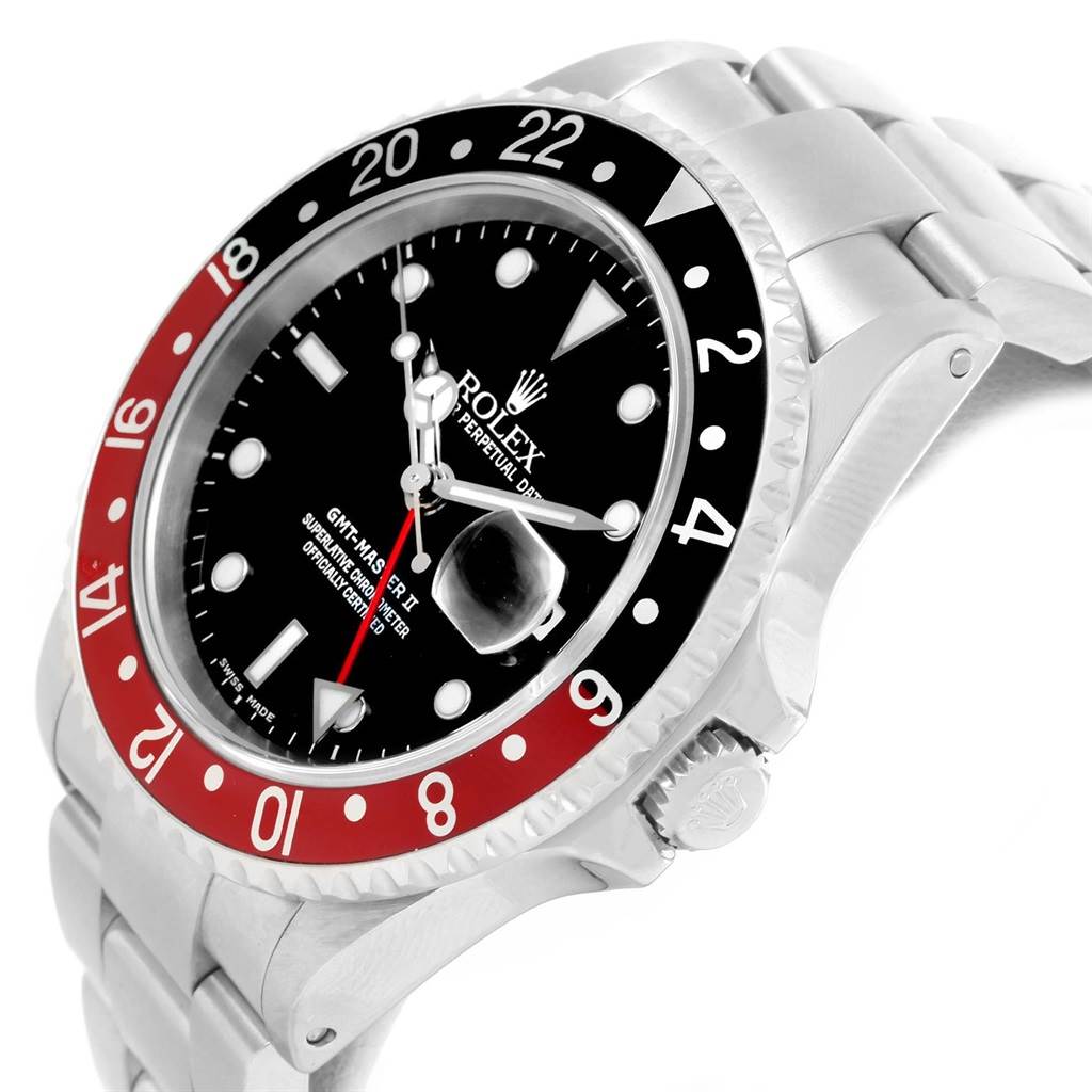 The image shows the Rolex GMT-Master 16710 Men's Stainless Steel Black Dial 16710 Men's Stainless Steel Black Dial II watch at an angle, highlighting its bezel, crown, and part of the bracelet.
