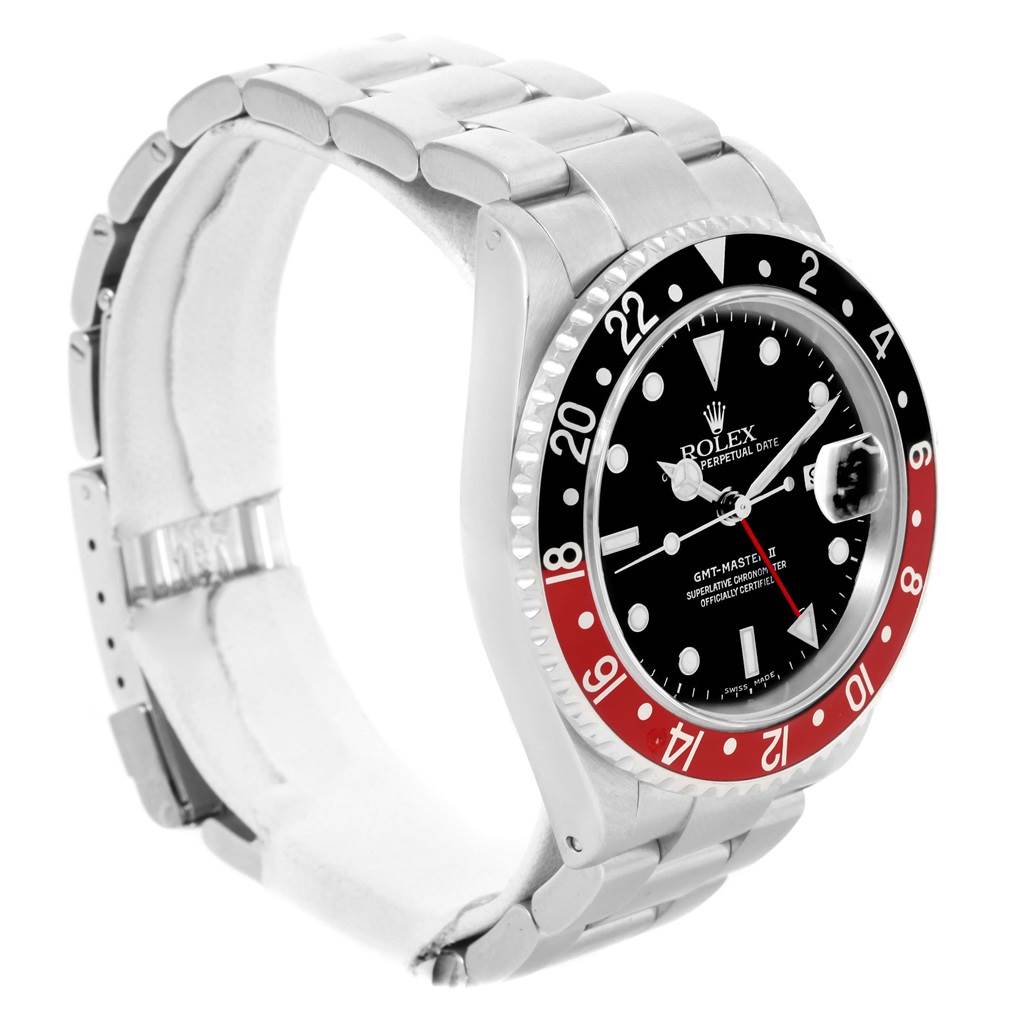 The Rolex GMT-Master 16710 Men's Stainless Steel Black Dial 16710 Men's Stainless Steel Black Dial watch is shown at a slight angle, highlighting the bezel, face, crown, and part of the bracelet.