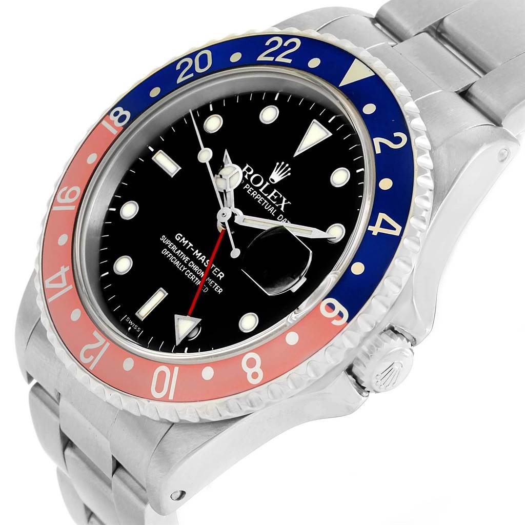 The image shows a close-up angle of the Rolex GMT-Master 16700 Men's Stainless Steel Black Dial 16700 Men's Stainless Steel Black Dial watch, focusing on its bezel, dial, and part of the bracelet.