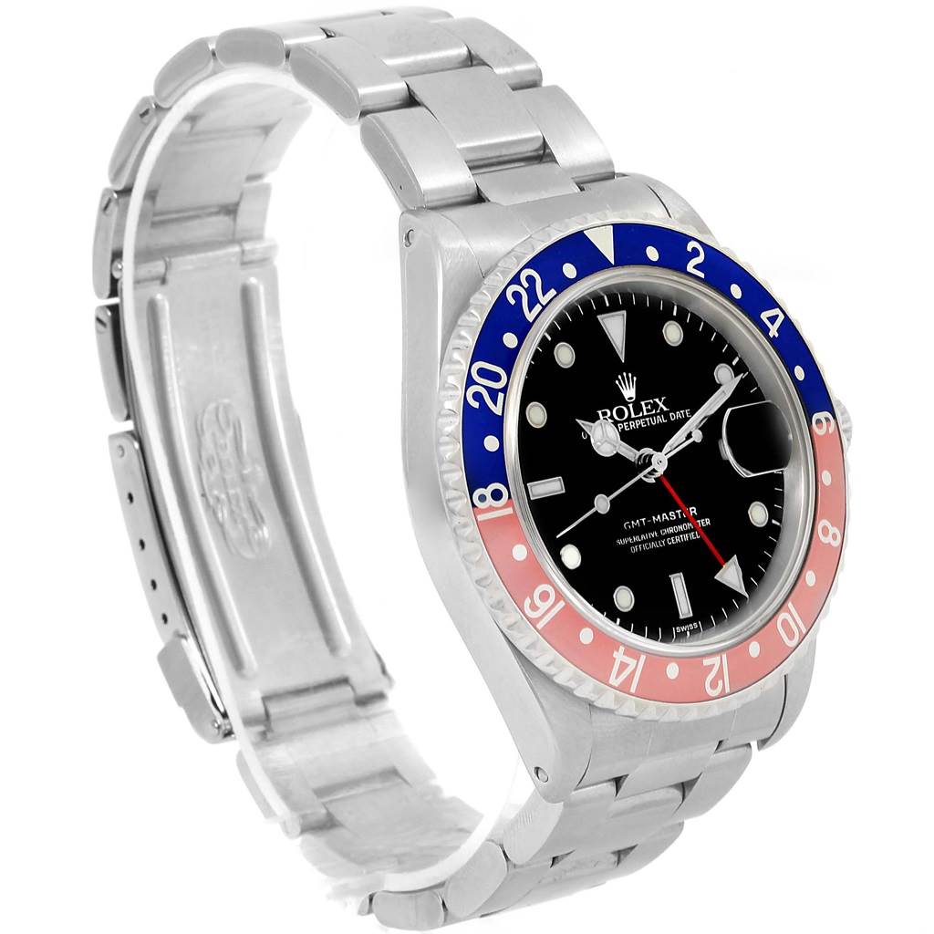 This image shows a Rolex GMT-Master 16700 Men's Stainless Steel Black Dial 16700 Men's Stainless Steel Black Dial watch from a front-side angle displaying the bezel, dial, and bracelet.