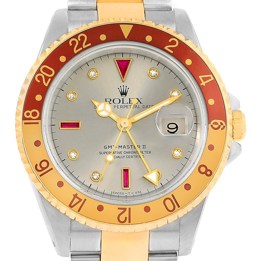 This image shows a frontal view of a Rolex GMT-Master 16713 Men's Stainless Steel Grey Dial 16713 Men's Stainless Steel Grey Dial II watch, highlighting its face, bezel, and part of the bracelet.