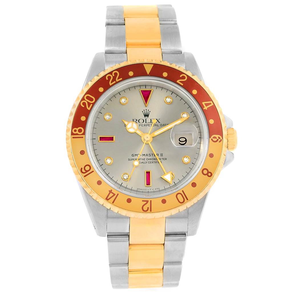 The Rolex GMT-Master 16713 Men's Stainless Steel Grey Dial 16713 Men's Stainless Steel Grey Dial watch is shown from a front angle, displaying the face, bezel, crown, and metal bracelet.