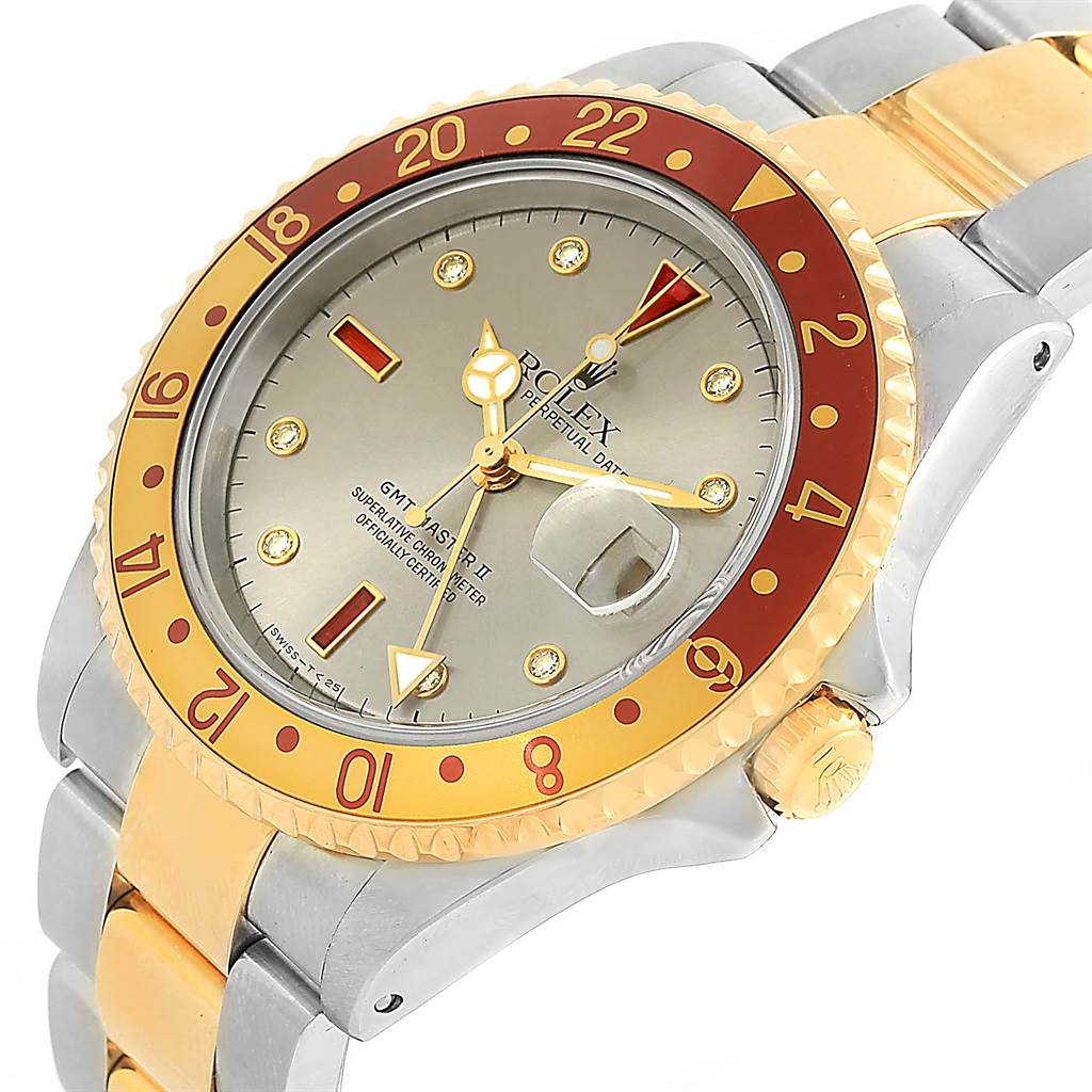 The image shows a close-up angle of the Rolex GMT-Master 16713 Men's Stainless Steel Grey Dial 16713 Men's Stainless Steel Grey Dial watch, highlighting its dial, bezel, and part of the bracelet.