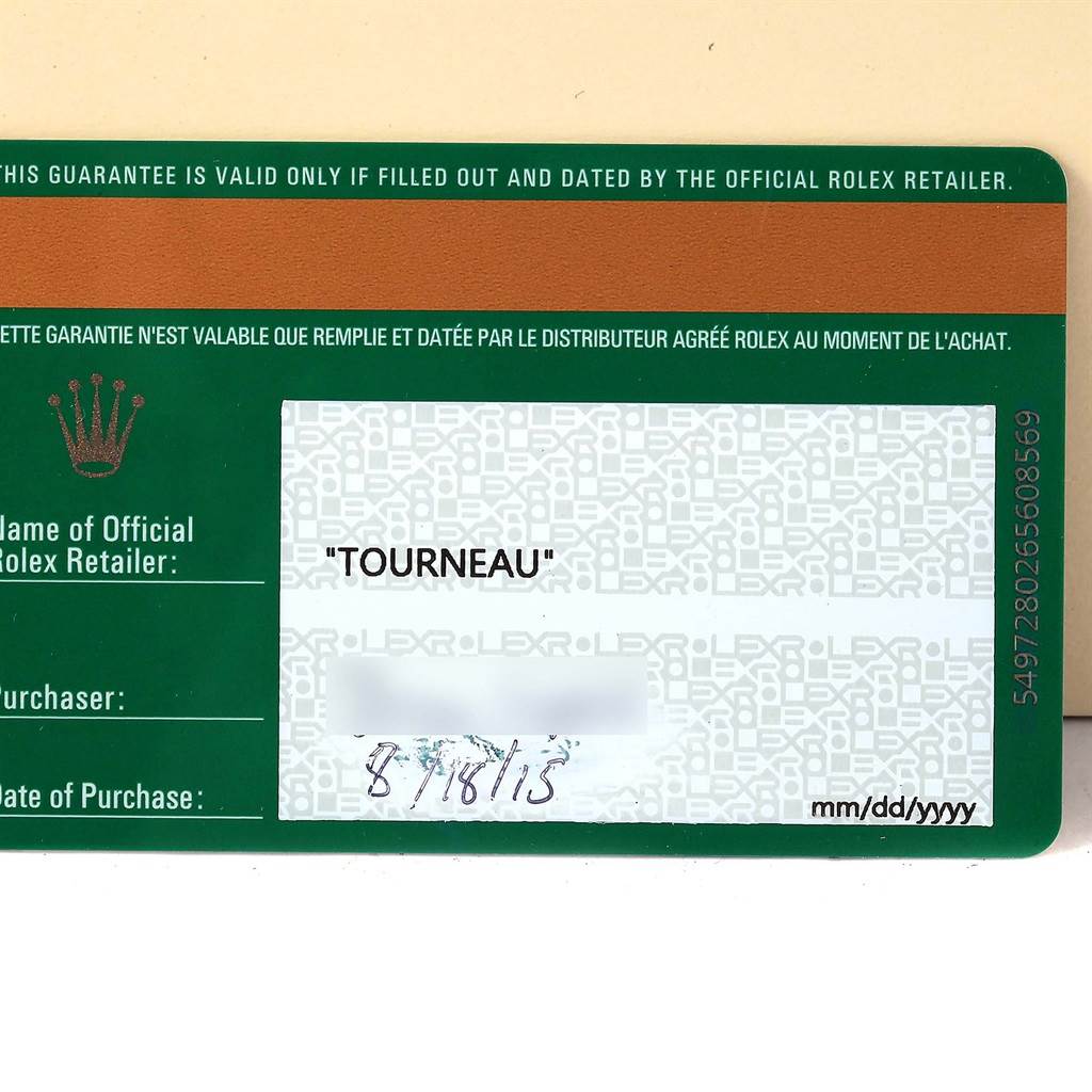 This image shows a warranty card for the Rolex GMT-Master 116710 Men's Stainless Steel Black Dial 116710 Men's Stainless Steel Black Dial, primarily green with white text areas.