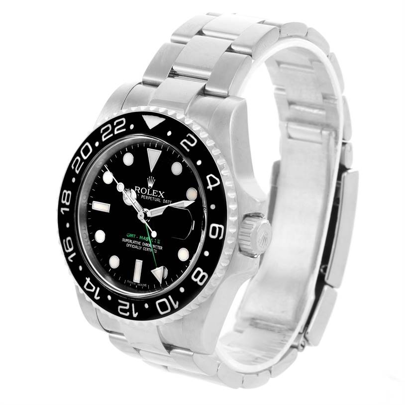 The image shows a side-front angle of a Rolex GMT-Master 116710 Men's Stainless Steel Black Dial 116710 Men's Stainless Steel Black Dial watch, highlighting the bezel, dial, bracelet, and crown.