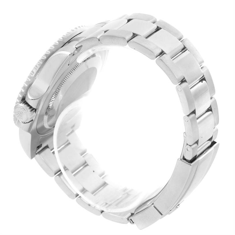 The image shows a side view of a Rolex GMT-Master 116710 Men's Stainless Steel Black Dial 116710 Men's Stainless Steel Black Dial watch, highlighting the bracelet, case back, and crown.