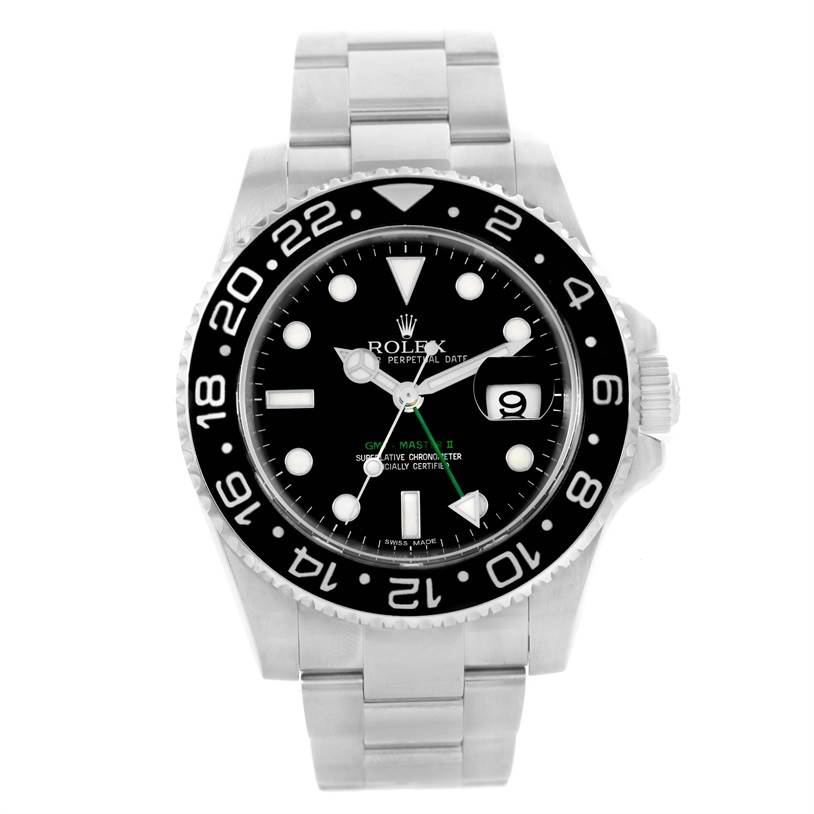 The image shows a Rolex GMT-Master 116710 Men's Stainless Steel Black Dial 116710 Men's Stainless Steel Black Dial watch from a front angle, displaying its bezel, dial, hands, date window, and bracelet.
