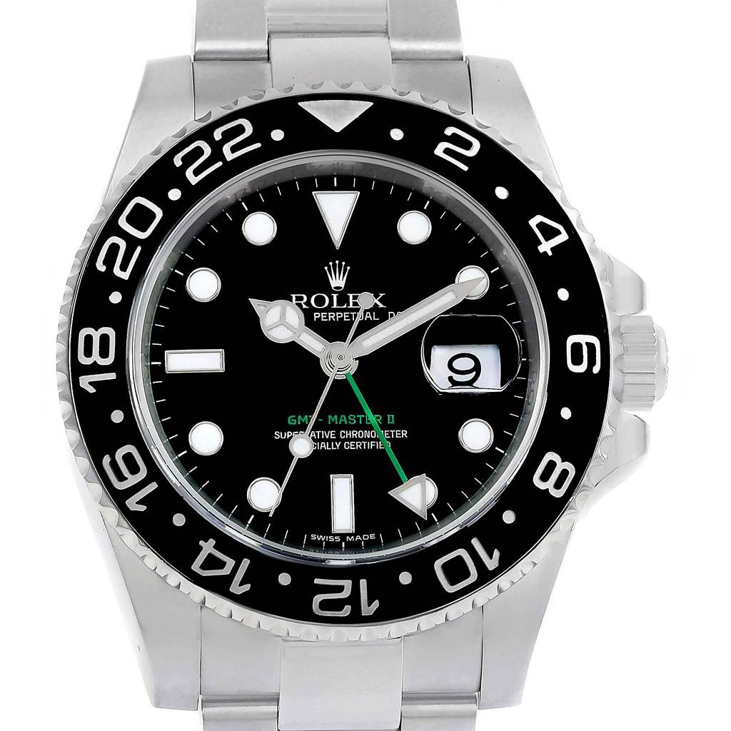 The image shows a front view of the Rolex GMT-Master 116710 Men's Stainless Steel Black Dial 116710 Men's Stainless Steel Black Dial II watch, highlighting the face, bezel, and part of the bracelet.