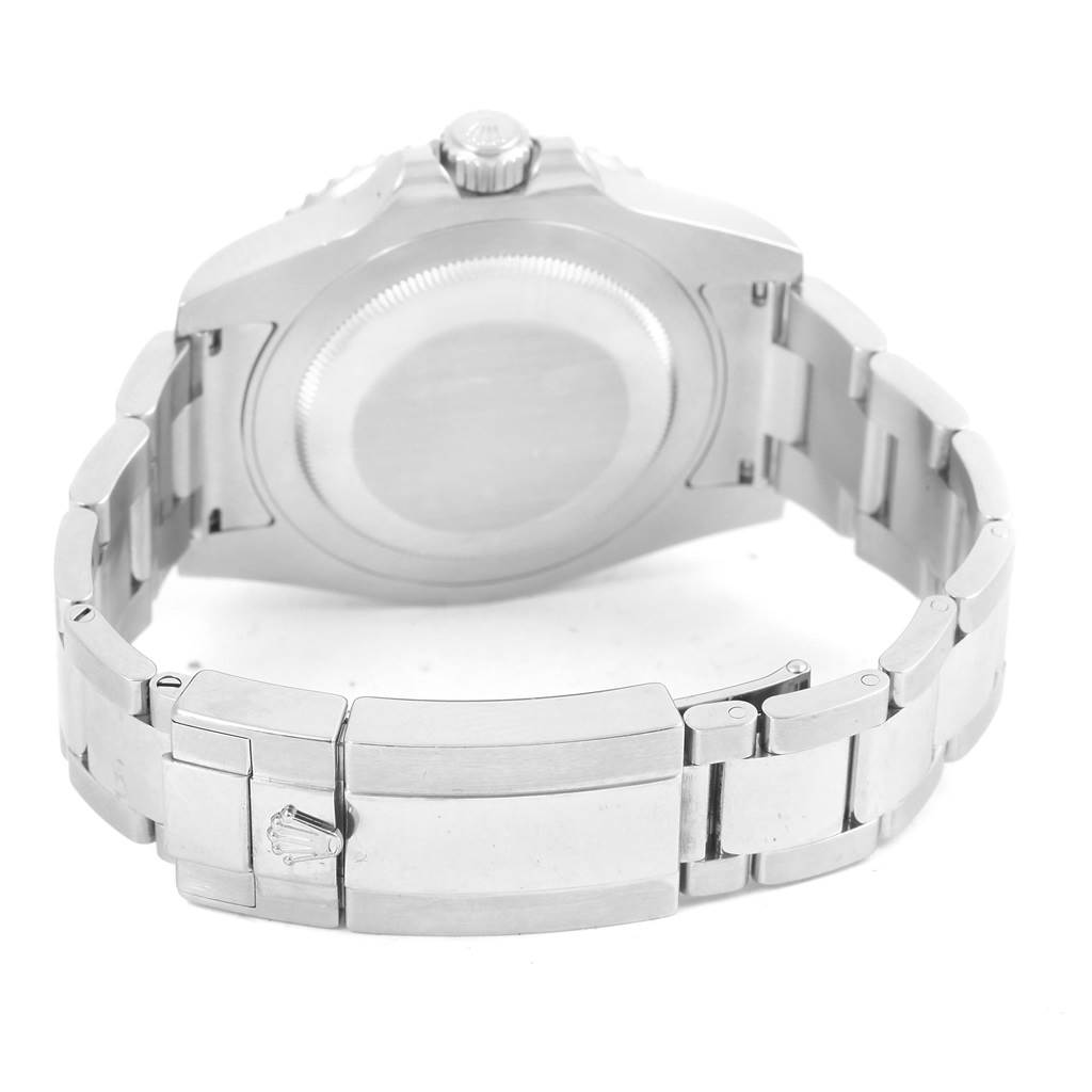 This image shows the back case and clasp of a Rolex GMT-Master 116710 Men's Stainless Steel Black Dial 116710 Men's Stainless Steel Black Dial watch from a rear angle.