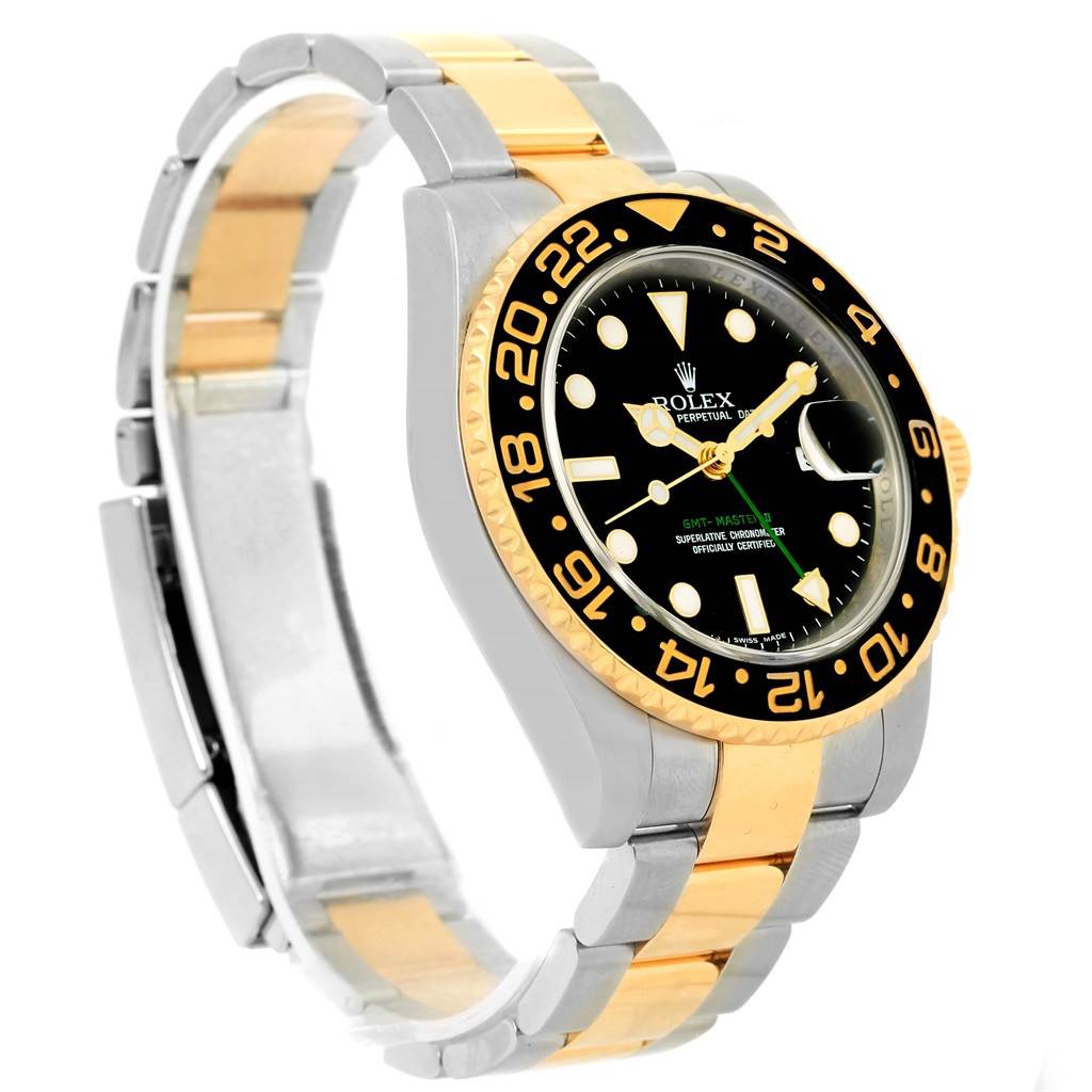 The image shows a side angle of the Rolex GMT-Master 116713 Men
s Stainless Steel Black Dial 116713 Men
s Stainless Steel Black Dial watch highlighting its two-tone bracelet and black bezel.