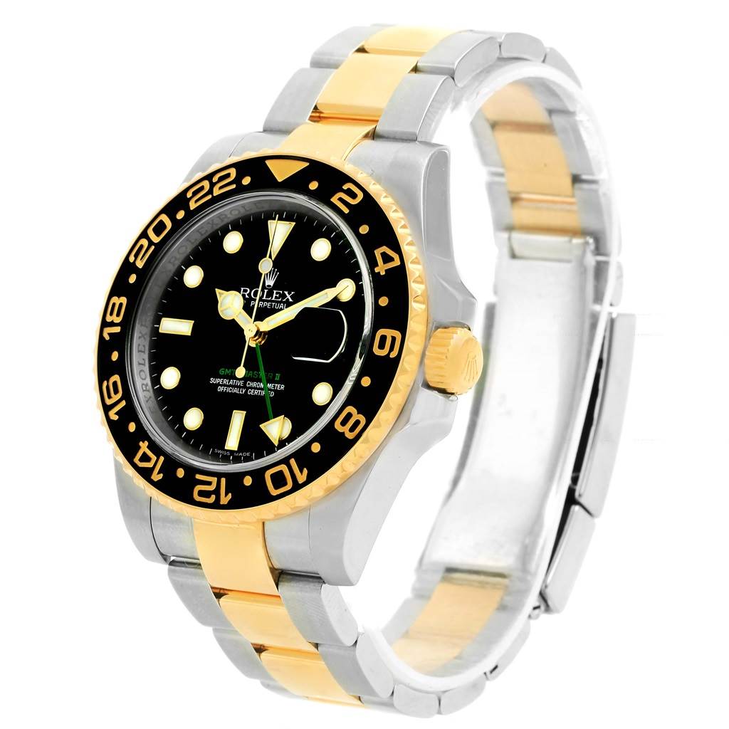 This image shows a side-angle view of a Rolex GMT-Master 116713 Men
s Stainless Steel Black Dial 116713 Men
s Stainless Steel Black Dial watch, displaying the bezel, crown, dial, and bracelet.