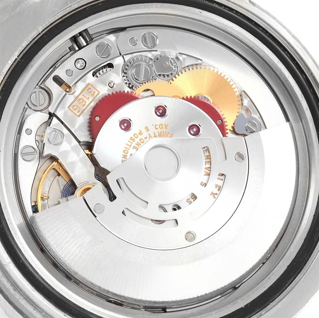 This is a close-up top view of the internal mechanical parts of a Rolex GMT-Master 116710 Men's Stainless Steel Black Dial 116710 Men's Stainless Steel Black Dial watch.