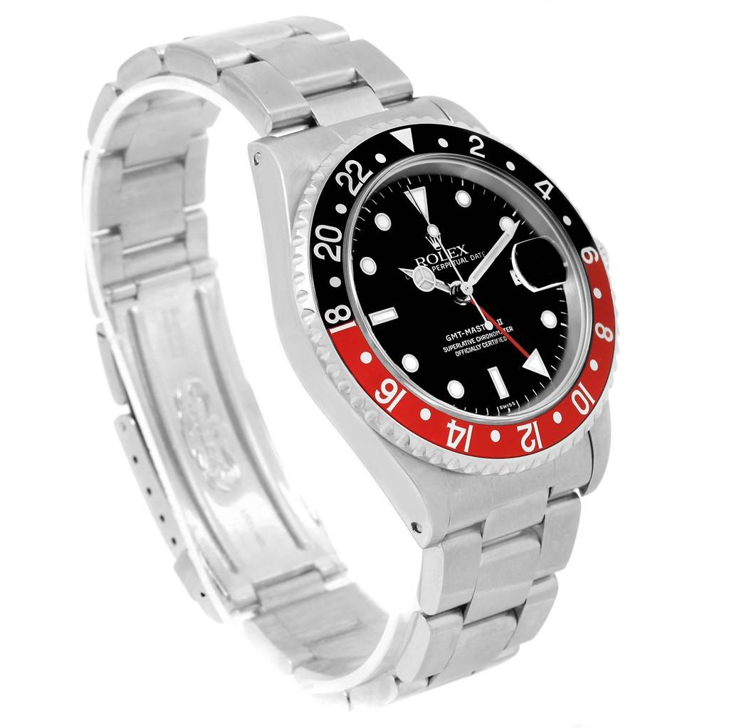 This image shows a side-angle view of a Rolex GMT-Master 16710 Men's Stainless Steel Black Dial 16710 Men's Stainless Steel Black Dial watch, highlighting the bezel, dial, and bracelet.