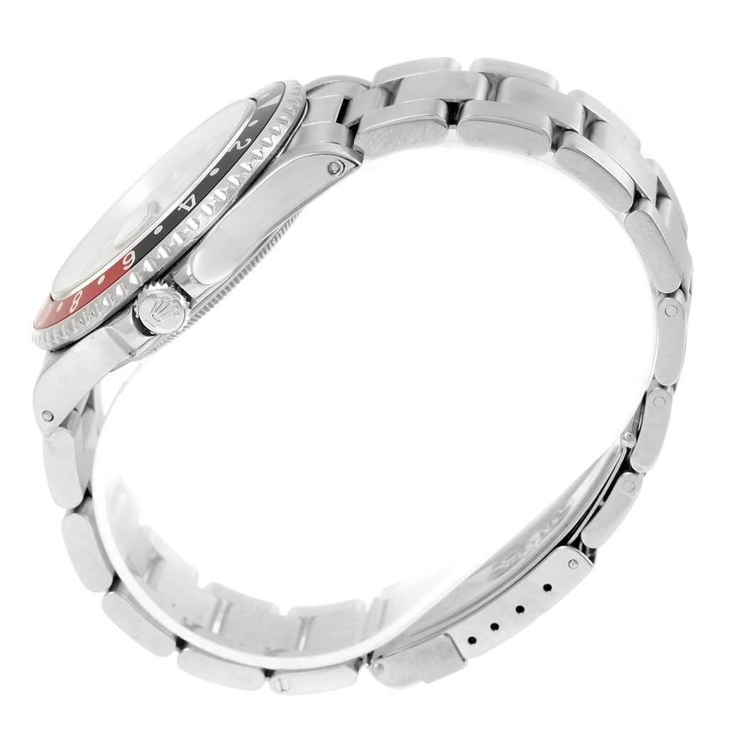 The image shows a side view of the Rolex GMT-Master 16710 Men's Stainless Steel Black Dial 16710 Men's Stainless Steel Black Dial watch, highlighting the bezel, crown, and bracelet.