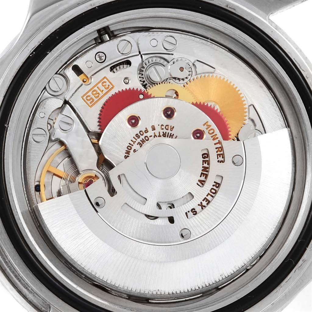 This image shows the intricate internal mechanism (movement) of a Rolex GMT-Master 16710 Men's Stainless Steel Black Dial 16710 Men's Stainless Steel Black Dial watch from a rear open-case angle.